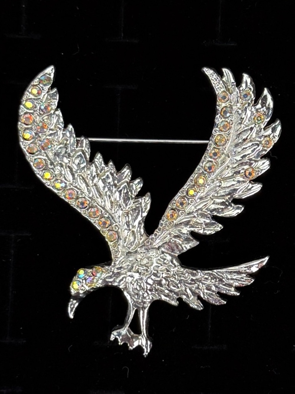 Iridescent Silvertone Eagle Brooch Pin Sparkling Winged Bird Accent
